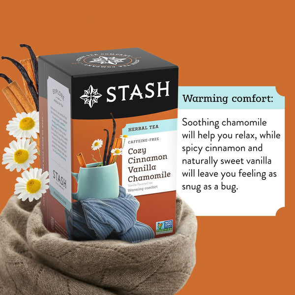 Stash Tea Cozy Cinnamon Vanilla Herbal Tea - Naturally Caffeine Free, Non-GMO Project Verified Premium Tea with No Artificial Ingredients, 18 Count (Pack of 6) - 108 Bags Total