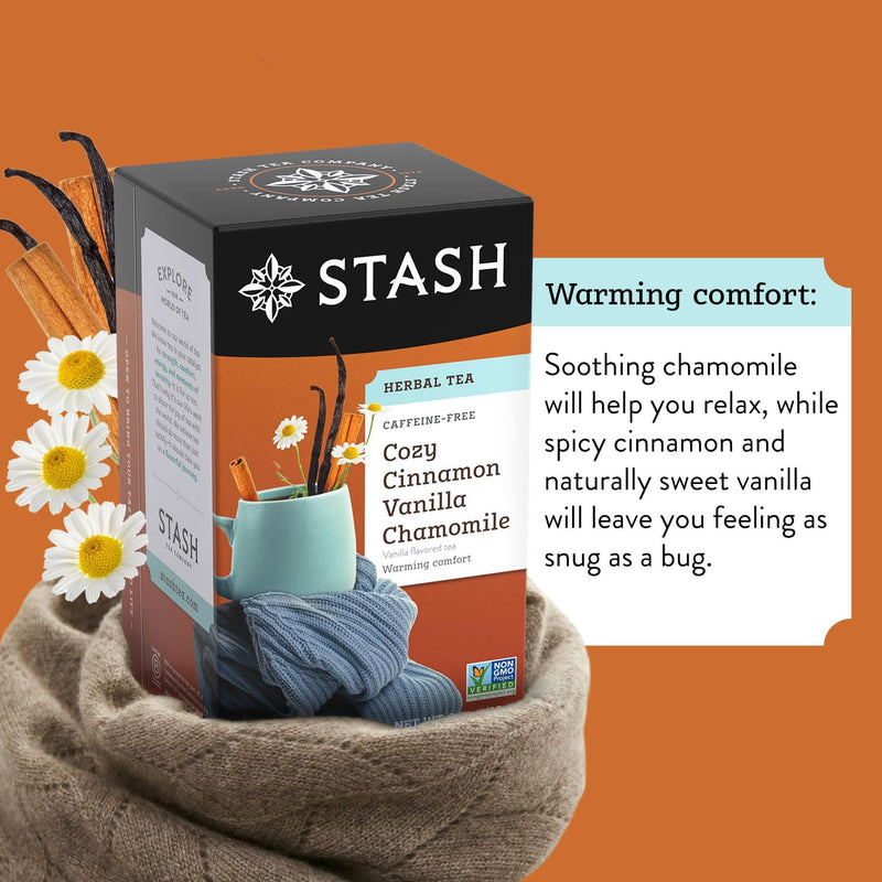 Stash Tea Cozy Cinnamon Vanilla Herbal Tea - Naturally Caffeine Free, Non-GMO Project Verified Premium Tea with No Artificial Ingredients, 18 Count (Pack of 6) - 108 Bags Total