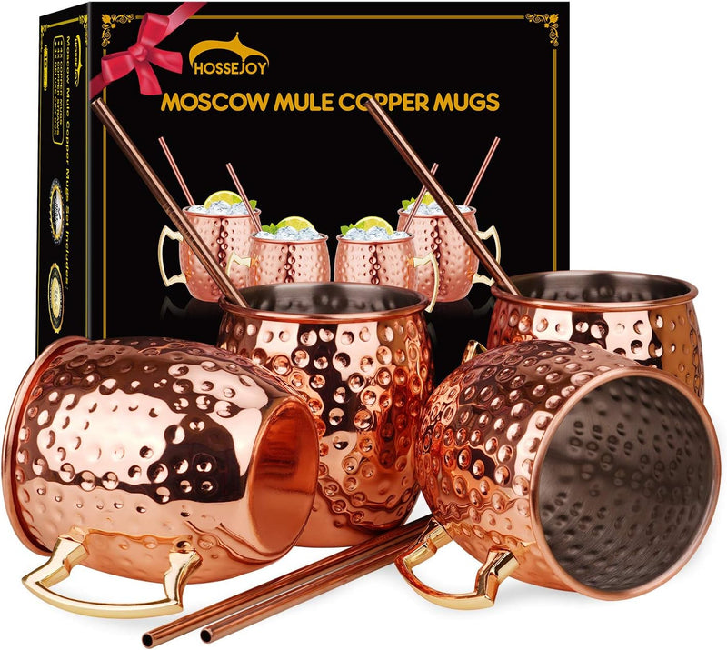 Hossejoy Moscow Mule Copper Mugs - Set of 4-100% Handcrafted Solid Copper Mugs, 16 oz Copper Cups with 4 Cocktail Copper Straws