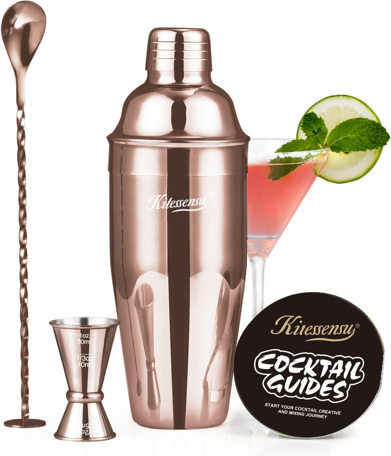 Cocktail Shaker, KITESSENSU 24oz Drink Shaker with Bartender Strainer, Measuring Jigger, Bar Mixing Spoon, Cocktail Recipe Guide, Professional Drink Mixer Set for Beginners, Silver