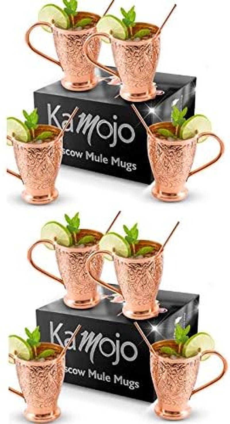 Kamojo Moscow Mule Cups Set of 4 - Premium Moscow Mule Copper Mugs with Unique Embossed Design & Anti-Tarnish, Food-Grade Coating - Copper Cups Gift Set with 4 Copper Straws & Recipe E-Book, 16 oz