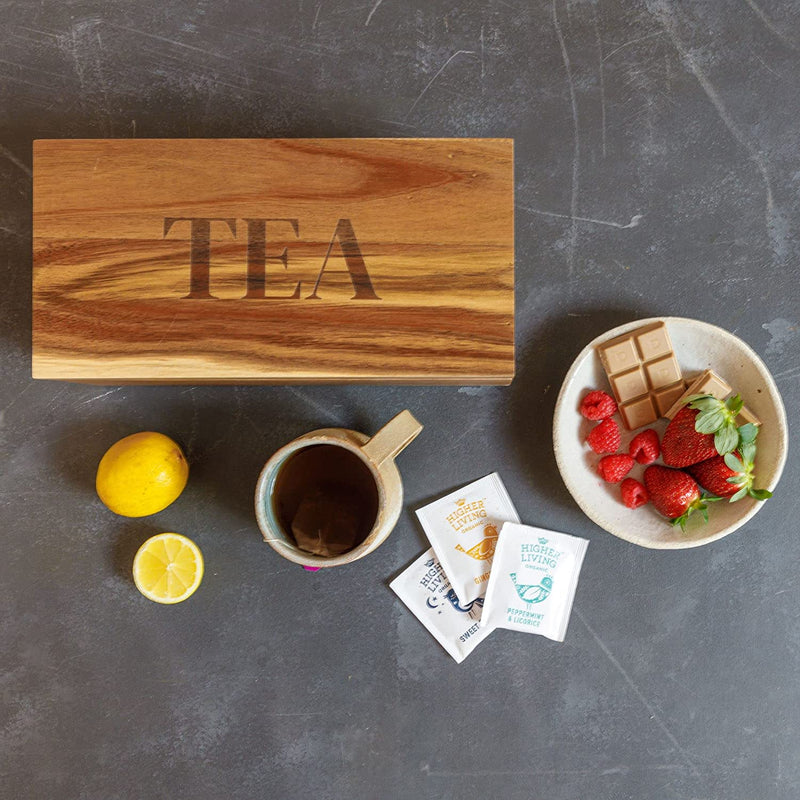 Merazi Living Sustainable Acacia Wood Tea Box - An Ideal Tea Box Organizer, Tea Storage Box, Gorgeous Wooden Tea Box and Tea Bag Organizer