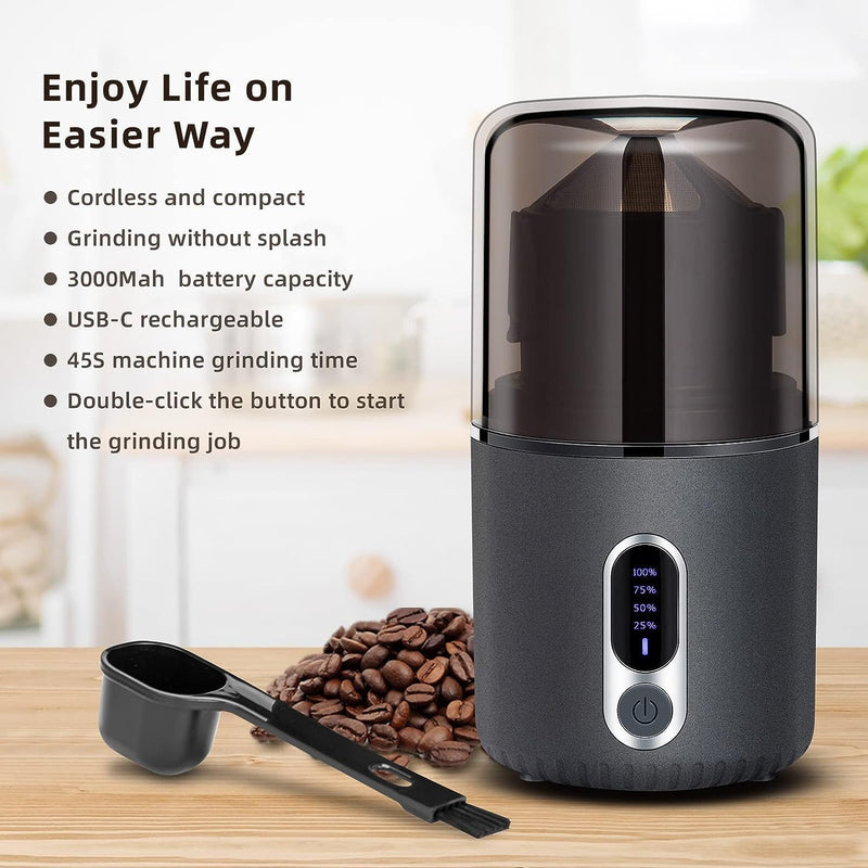 Wireless Coffee Grinder with LED Power, Electric Portable Coffee Bean Grinder with Brush, Herb Grinder, Spice Grinder with Removable Bowl & Spoon and 304 Stainless