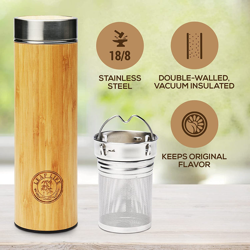 LeafLife Premium Bamboo Thermos with Tea Infusers for Loose Tea 17oz - Hot & Cold for 12 Hrs - Unique Gifts for Women Who Have Everything, Tea Gift Sets for Women, Cool Gifts for Women Birthday Unique