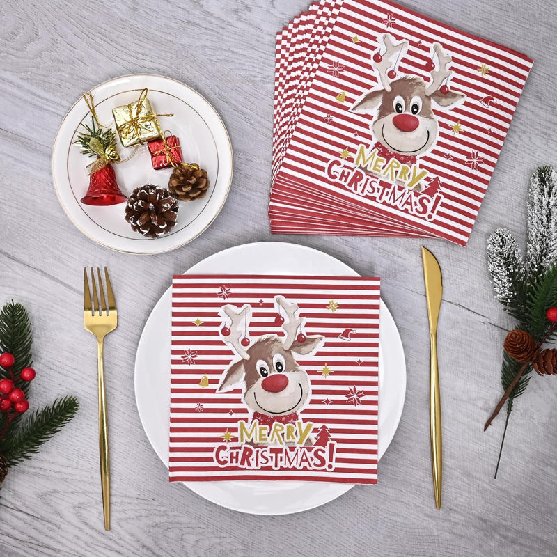 Homlouue 100 Christmas Paper Napkins 3ply, Merry Christmas Cocktail Napkins for Bathroom, Cartoon Reindeer Napkins Disposable for Dinner Kitchen Dinner, Paper Towels for Holiday Xmas Winter Christmas