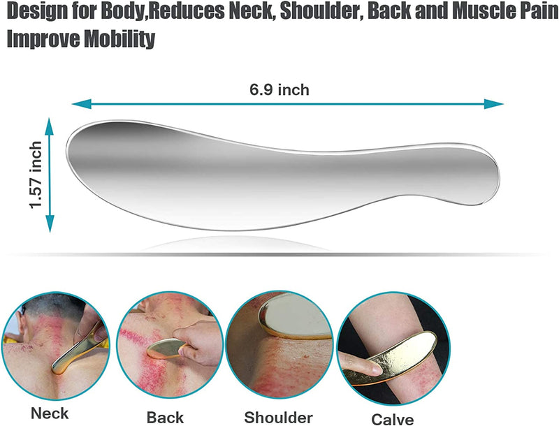 Gua Sha Tools,Stainless Steel Scraping Tool Massage Board Chiropractic Tool Physical Therapy Tool Great Soft Tissue Mobilization Medical Grade Guasha Tool for SPA-Reduce Back and Muscle Pain-S Shape