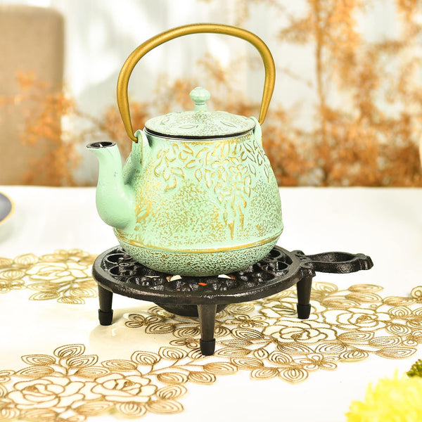 Sungmor Cast Iron Teapot Warmer Dish Cups Heater Pot Trivet - Rustic & Graceful Pattern Design with Tealight Holder - Heavy Duty & Decorative Candle Holder Stands for Heat Food Coffee Milk or Tea