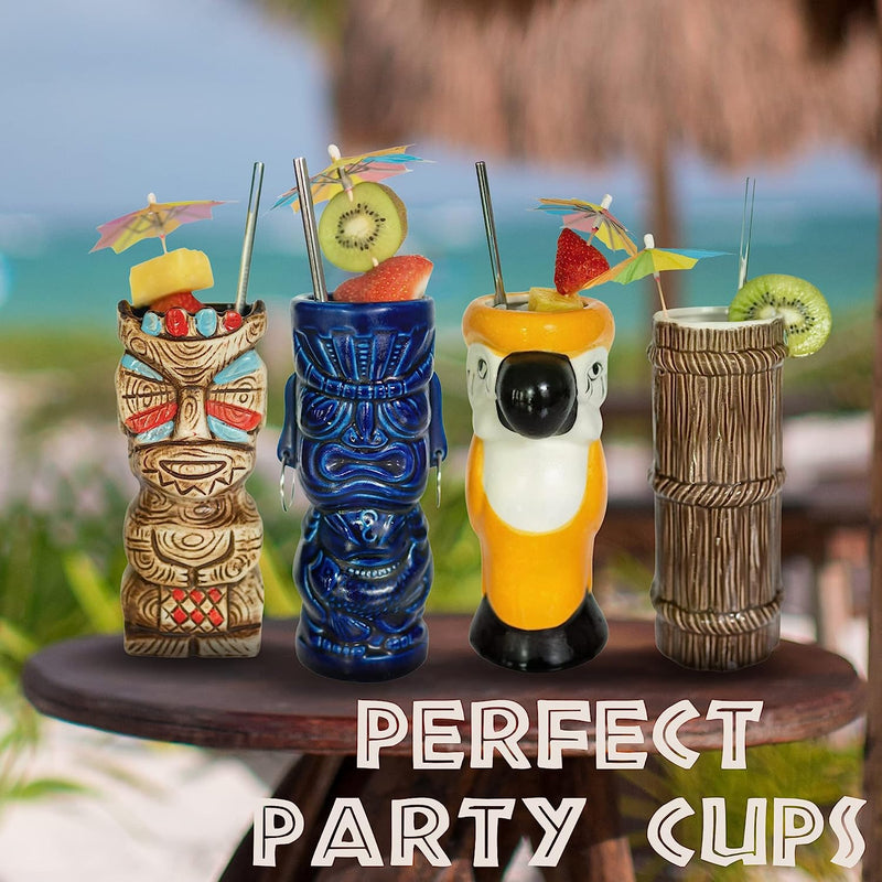 Set of 4 Tiki Mugs, Barware Tool Set Includes Cocktail Shaker, Jigger, Howthorne Strainer, Mixing Spoon, Drink Umbrellas, 4 Tiki Coasters, 4 Metal Straws