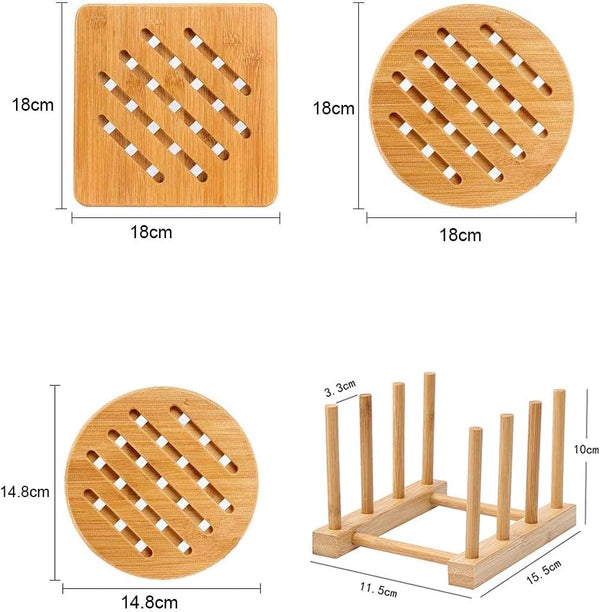 Bamboo Trivet Kitchen Natural Bamboo Trivet Mat Set Heat Resistant Pads Bamboo Hot Pads Trivet Non-Slip Pads Square and Round for Hot Dishes/Pot/Bowl/Teapot/Pans(2Small Round+2 Round+2Square+1Rack)