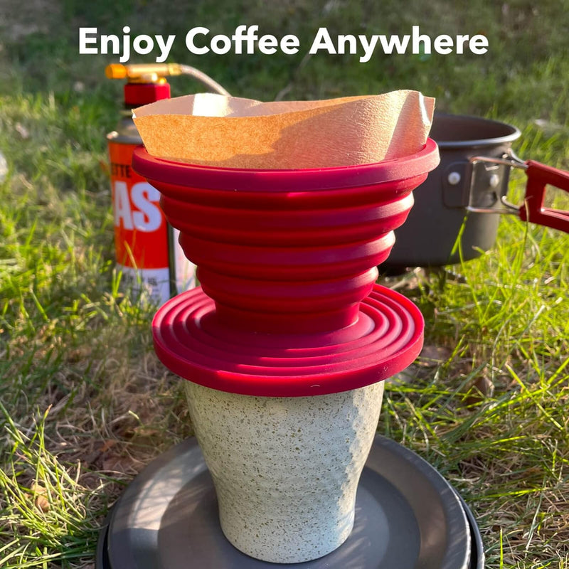 2 Pieces Attsky Collapsible Pour Over Coffee Dripper for Camp Coffee, Reusable Silicone Coffee Filter Holder for Camping Red