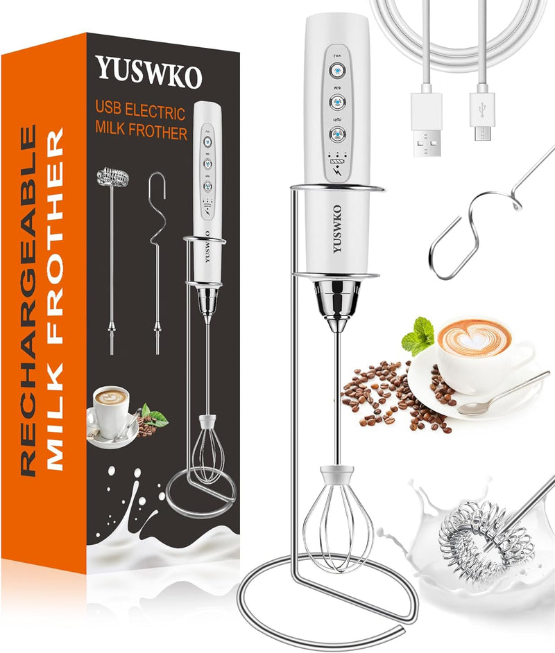 YUSWKO Milk Frother Handheld with 3 Heads, Electric Whisk Drink Foam Mixer with USB Rechargeable 3 Speeds, Mini Frother for Coffee Latte, Cappuccino, Hot Chocolate, Egg - Black