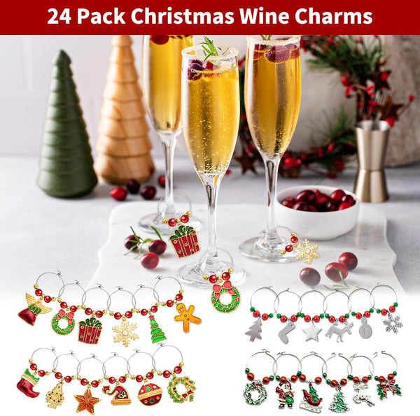 Kederwa 24pcs Wine Glass Charms, Christmas Wine Glass Markers Metal Glass Ring Tags Xmas Gifts for Wine Lover