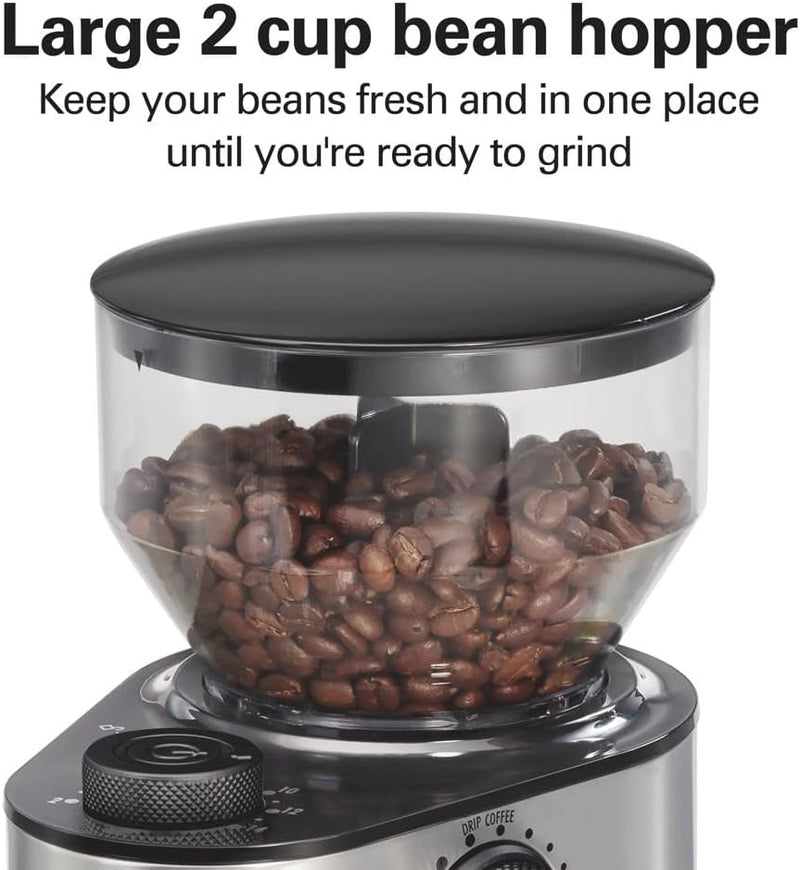 Hamilton Beach Electric Burr Coffee Grinder with Large 16oz Hopper & 18 Settings For 2-14 Cups, Stainless Steel (80385)