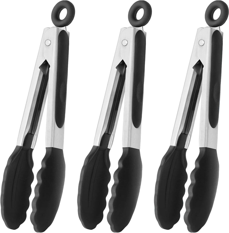 HINMAY Small Silicone Tongs 7-Inch Mini Serving Tongs, Set of 3 (Black Gray White)