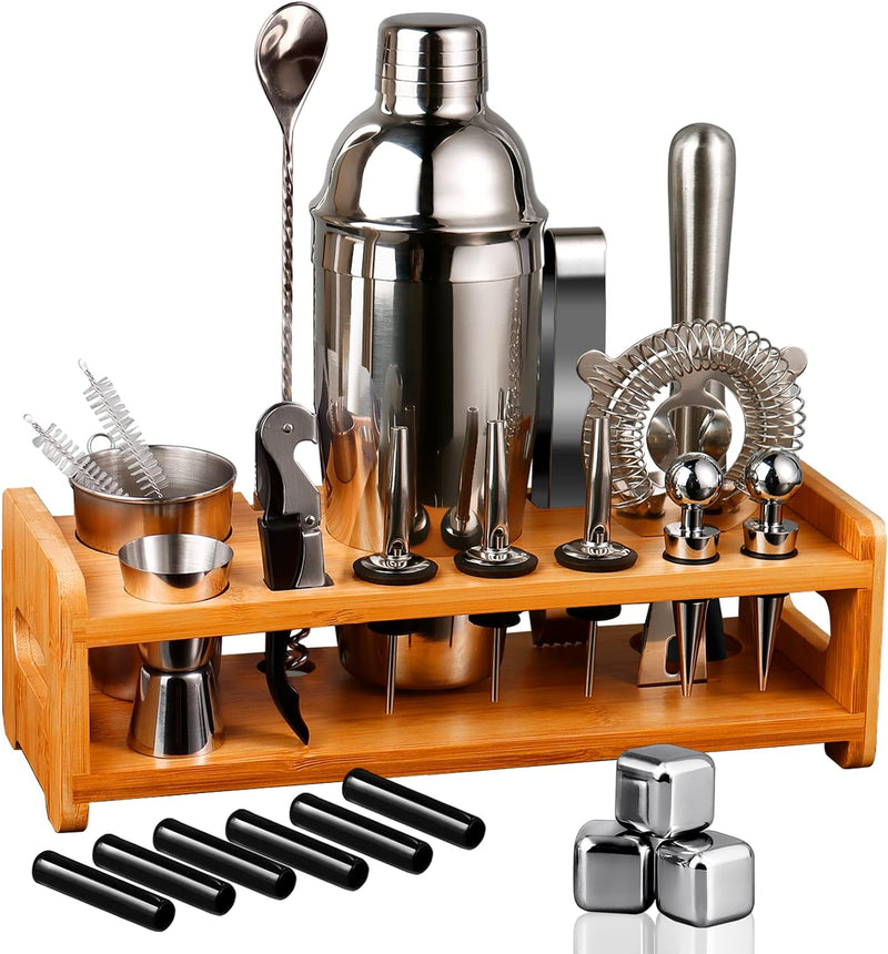 26-Piece Bartender Kit Cocktail Shaker Set | Stainless Steel Bar Set with Bamboo Stand Bar Tools Cocktail Kit for Christmas Drink Mixing,Home,Bar,Party, Gift Bartending Kit(Silver)