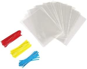 100-Pack Clear Cellophane Treat Bags with Metallic Twist Ties - 10x6 inches 14mil - Bakery Cookies Candies Dessert