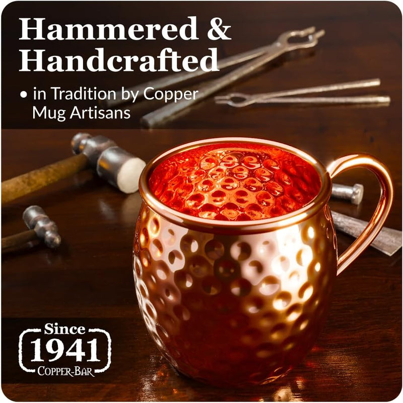 Moscow Mule Copper Mugs | Set of 4 Hammered Cups | 100% HANDCRAFTED Pure Solid Copper | Gift Set With Cocktail Straws | Shot Glass | Coasters | Copper Stirrer & Beer opener By Copper-Bar