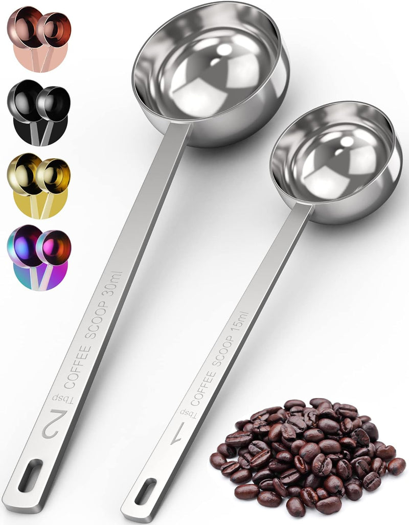 Orblue Premium Coffee Scoop Set - 1 Tbsp (15ml) & 2 Tbsp (30ml) Measuring Tablespoon - Stainless Steel Coffee Measuring Spoon and Scooper with Long Handles - Pack of 2