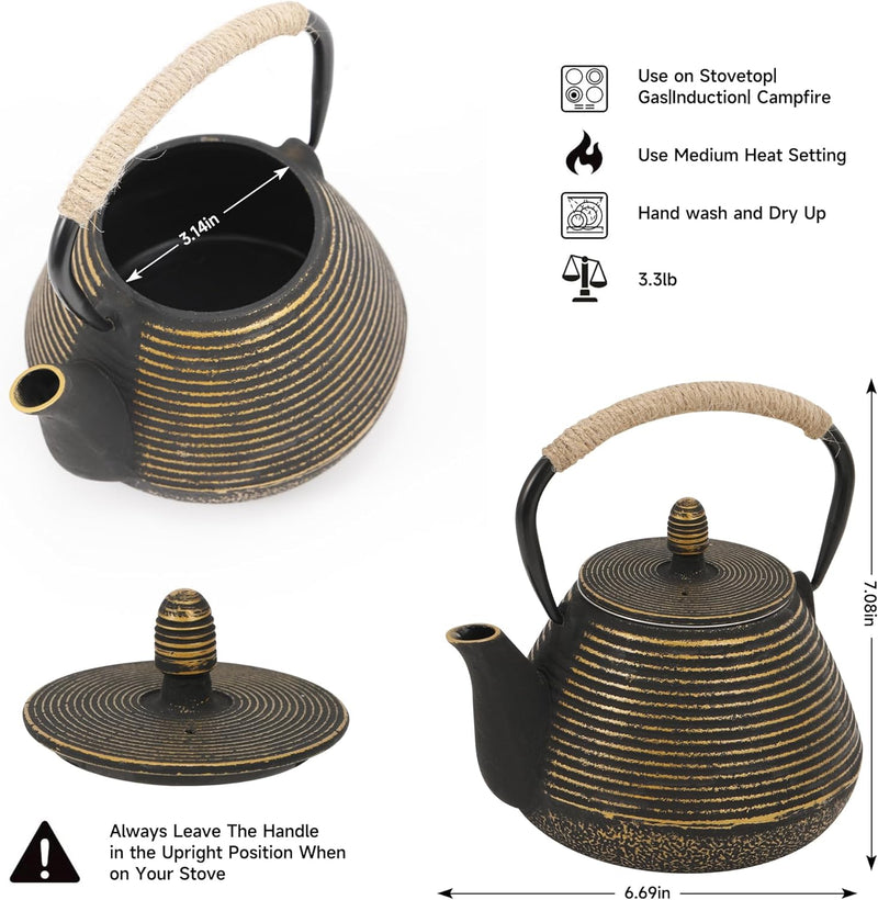 Cast Iron Teapot with Teapot Lid Clip - MIDIMORI Japanese Cast Iron Tea Kettle Stovetop Coated with Enameled Interior, ANNUAL RING Pattern Tea Pot with Infusers for Loose Tea (34 Ounce /1000 ml)