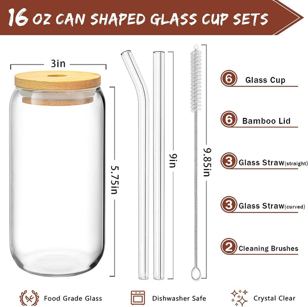 6 Pcs Drinking Glasses with Bamboo Lids and Glass Straw - 16 Oz Can Shaped Glass Cups for Beer, Ice Coffee, Cute Tumbler Cup Great for Soda Boba Tea Cocktail Include 2 Cleaning Brushes