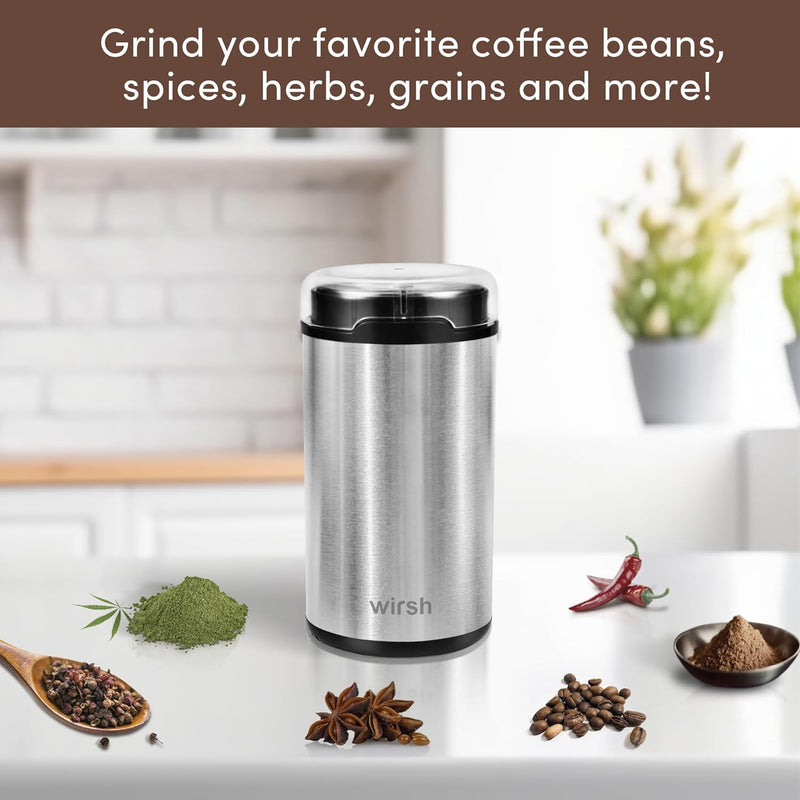 Coffee Grinder, Wirsh Electric Coffee Grinder, Quiet Spice Grinder, Stainless Steel Coffee Mill for Beans,Spices,Herbs with Clean Brush