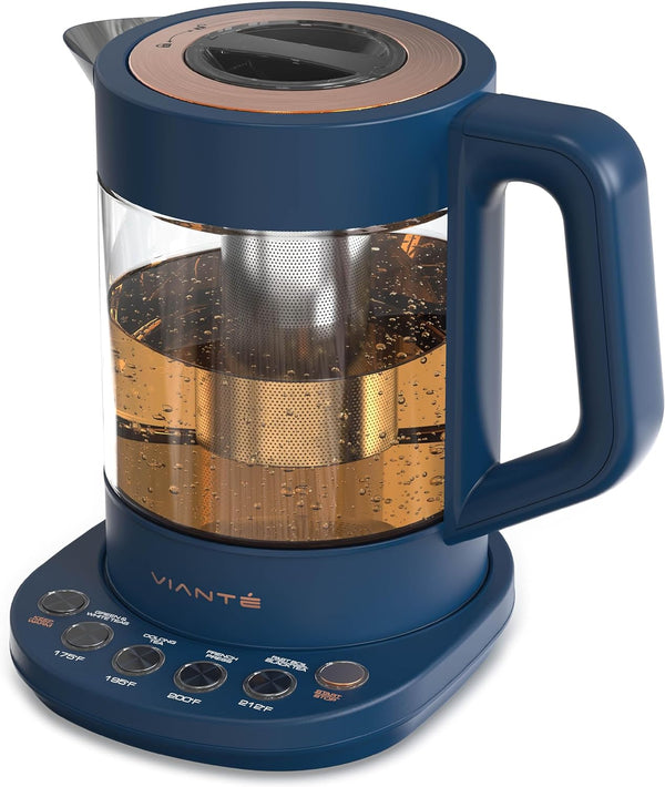 Vianté Hot Tea Maker Electric Glass Kettle with tea infuser and temperature control. Automatic Shut off. Brewing Programs for your favorite teas and Coffee. 1.5 Liters capacity. | Midnight Blue Color