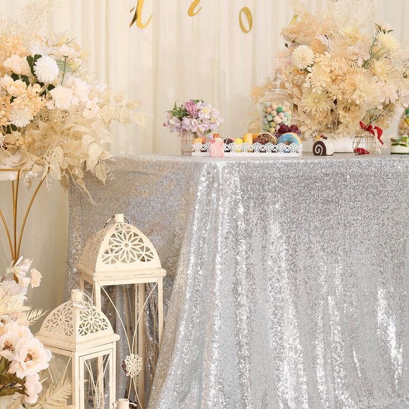 Sparkly Silver Sequin Tablecloth - 48 x 72 Inches - Wedding Party Decoration