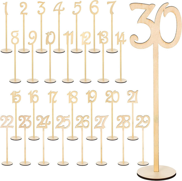 30 Pcs Table Numbers Wedding 1-30 Table Numbers Wood Table Numbers for Wedding Reception Stands Seat Numbers with Holder Base Table Numbers for Wedding Party Event Catering (Wood Color)