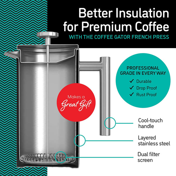 Coffee Gator French Press Coffee Maker - Thermal Insulated Brewer Plus Travel Jar - Large Capacity, Double Wall Stainless Steel - 34oz - Gray
