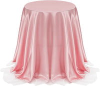 Pink Satin Tablecloth for Parties Wedding, Rose Gold Glitter Table Cloth round 60 Inch for Birthday Banquet Reception Decor, Sparkly Bright Silk Fabric Blush Table Cover with Shimmer Sheer Border