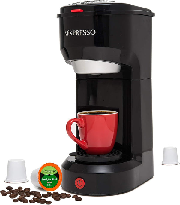 Mixpresso 2 in 1 Coffee Brewer, Single Serve Coffee Maker K Cup Compatible & Ground Coffee, Personal Coffee Maker Compact Mini Coffee Maker, Quick Brew Technology 14 oz Black Coffee Maker