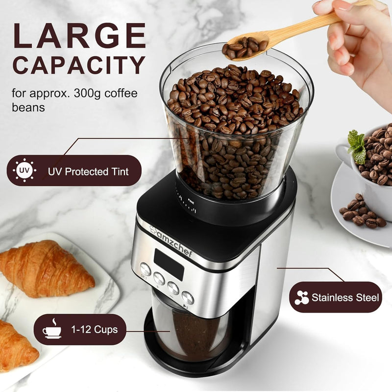 Burr Coffee Grinder, AMZCHEF Electric Coffee Bean Grinder with 30 Precise Settings, Anti-Static Espresso Coffee Grinder, Adjustable Burr Grinder for 1-14 Cups or 1-56 Seconds