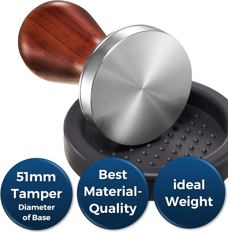 Practimondo Espresso Tamper Set - 51mm Tamper - Frothing Pitcher, Tamper and Espresso Accessories - Premium Barista Espresso Hand Tamper Set (51mm, Wooden Handle)