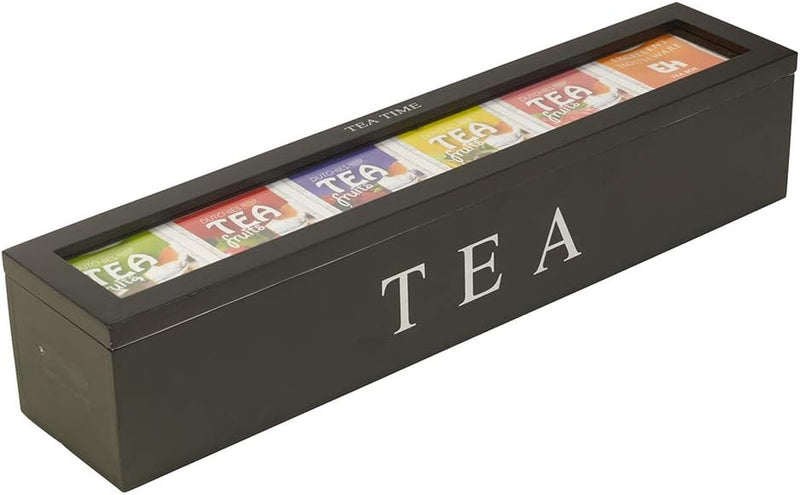 Wooden Tea Storage Box, 6 Compartment Tea Box Storage Organizer Tea Bag Holder Storage Chest Box with Transparent Cover Wooden Box for Storage Tea Bags (White)