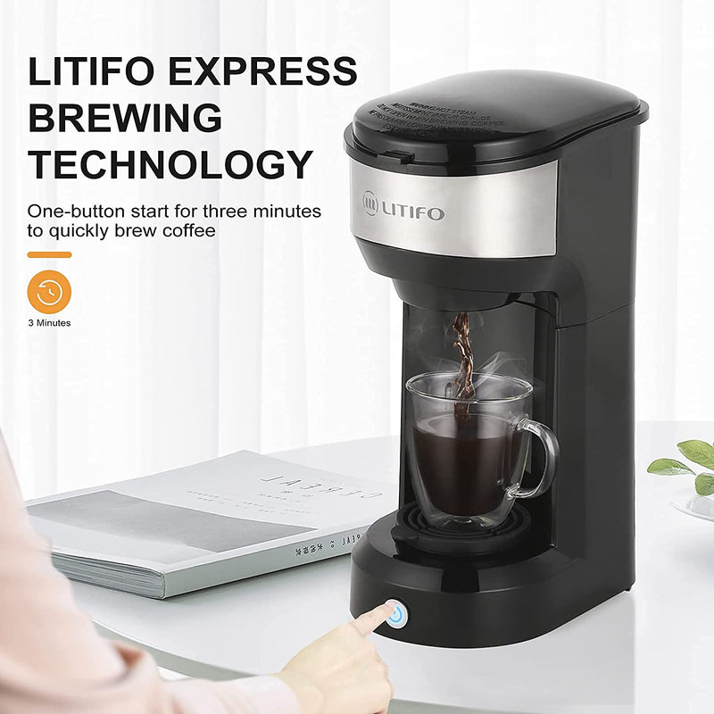 LITIFO Single Serve Coffee Maker for Ground coffee, Tea & K Cup Pod, 2-In-1 Small Coffee Machine with 6 to 14oz Reservoir, One-Button Fast Brew, Auto Shut-off & Self Cleaning Function (Black)