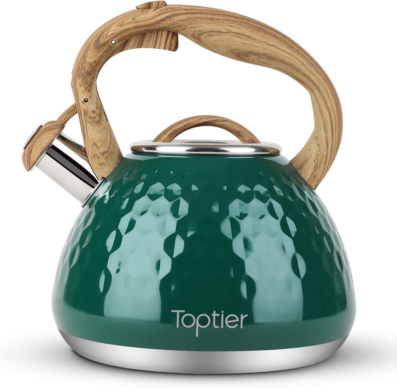 Tea Kettle, Toptier Teapot Whistling Kettle with Wood Pattern Handle Loud Whistle, Food Grade Stainless Steel Tea Pot for Stovetops Induction Diamond Design Water Kettle, 2.7-Quart Light Green