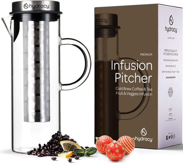 Cold Brew Coffee Maker - Large Glass Infusion Pitcher 1.6 Quarts 52oz - Iced Coffee & Iced Tea Pitcher with Stainless Steel Lid & Fruit Infusion Tube - Perfect for Home or Office
