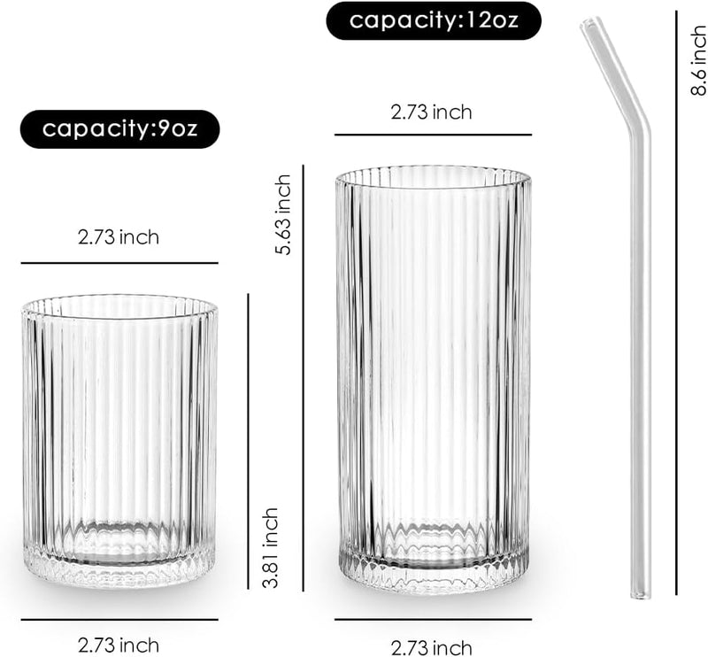 Combler Cocktail Glasses Drinking Set of 8, 4pcs Collins Glass Cups with Straw 12oz & 4pcs Rocks Glasses 9oz, Ribbed Glassware for Coffee Wine Whiskey Glasses, Housewarming Gifts New House Essentials