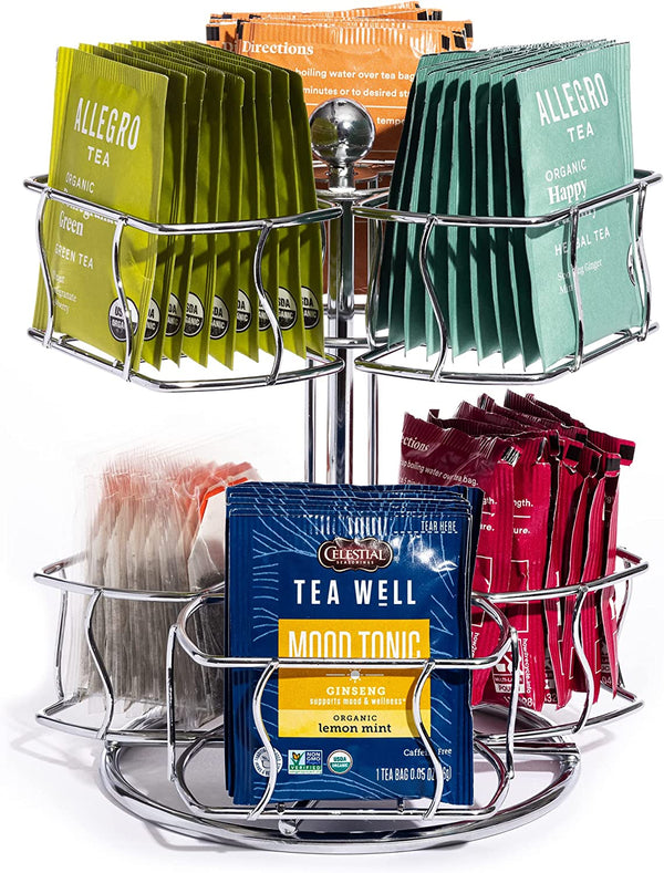 Sorbus Tea Bag Spinning Carousel - Tea Caddy Organizer for Countertop - Matcha Station Accessories - 2 Tier Revolving Lazy Susan for Pantry - Holds Up to 60 Large Tea Bags