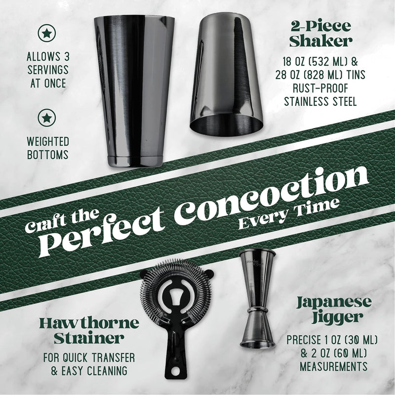 Mixology Cocktail Shaker Boston Shaker Set Professional Weighted Martini Shakers, Strainer and Japanese Jigger, Portable Bar Set for Drink Mixer Bartending, Exclusive Recipes Cards (Gun-Metal Black)