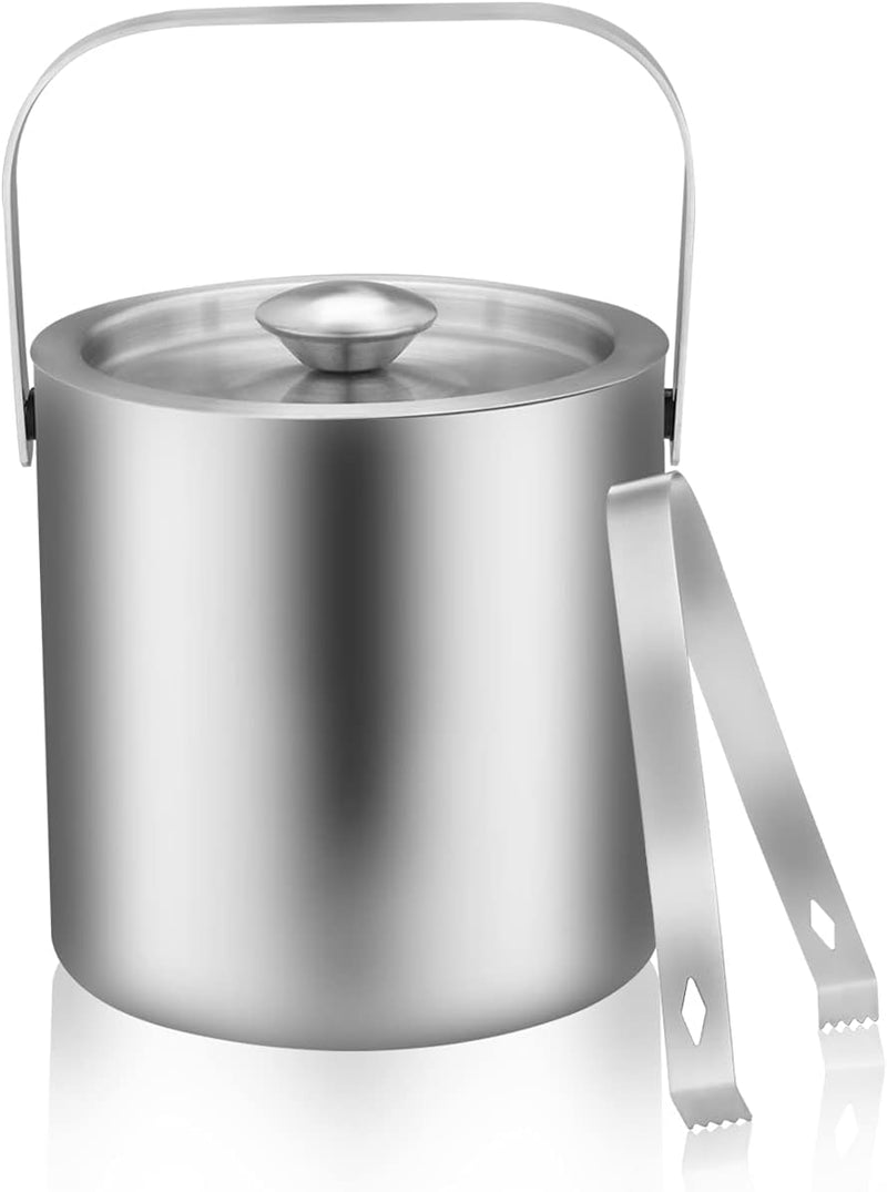 LUCKYGOOBO Mini Stainless Steel Ice Bucket Portable Double Wall Ice Bucket with Tong, Hotel Bucket/Champagne Bucket/Beverage Bucket,Size 1.3 Liters 5.5 x 5.5 in,Serveware for Party,Event,and Camping.