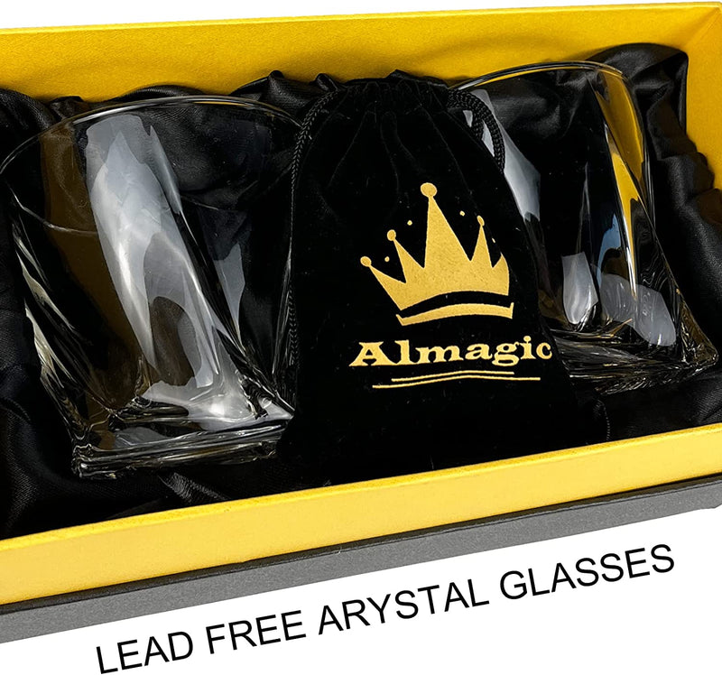 Almagic whiskey glass sets for men gift,two 12-ounce whiskey glasses / 9 whiskey stones & Velvet Bag,for Scotch Cocktail Rum,Unique Gift for Men, Dad, Husband