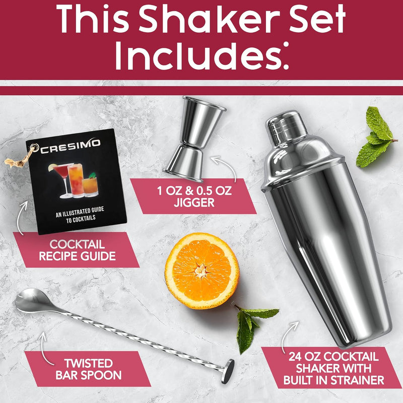 24oz Cocktail Shaker Set with Bar Accessories for Home Bar Shaker Set - Martini Shaker, Jigger, Drink Shaker Mixer Spoon - Alcohol Shaker Bartender Gift - Bartending Kit Essential for Home - Cresimo