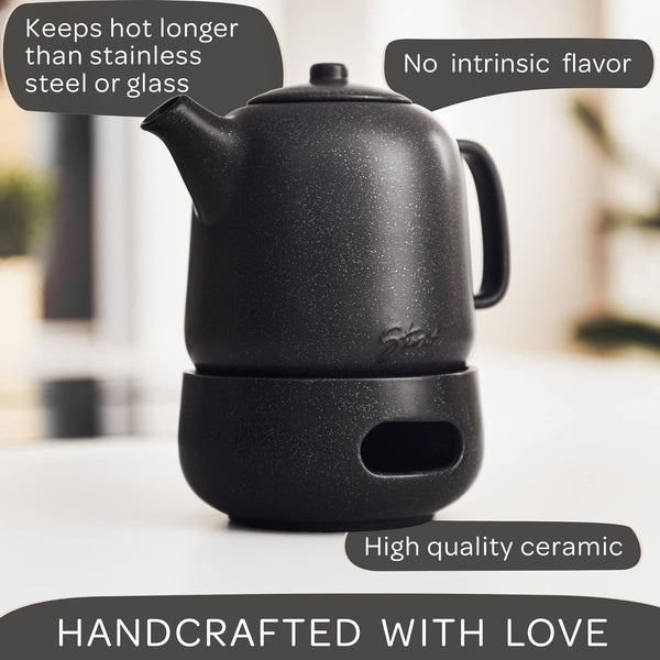 Steinzeit Design Tea Pot with Warmer (44 oz) - Premium Ceramic Teapot with Infuser for Loose Tea - Black Teapot Ceramic with Removable Strainer