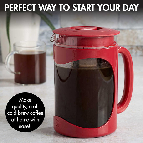 Primula Burke Deluxe Cold Brew Iced Coffee Maker, Comfort Grip Handle, Durable Glass Carafe, Removable Mesh Filter, Perfect 6 Cup Size, Dishwasher Safe, 1.6 qt, Red