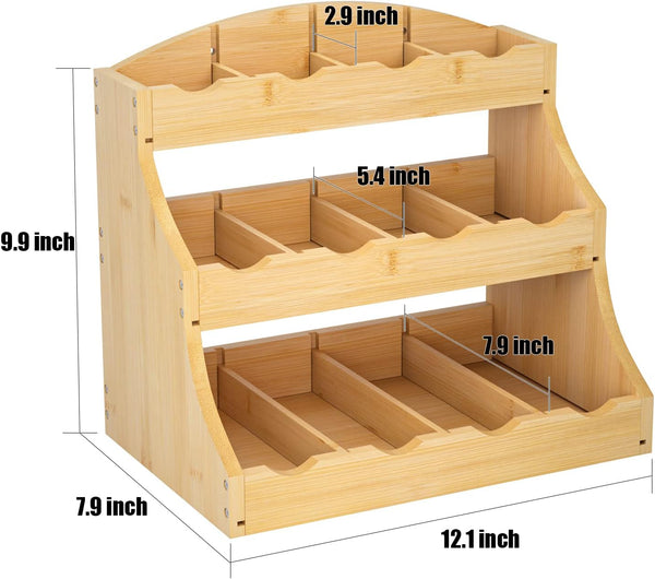 Bamboo Tea Organizer, Tea Bag Organizer for Cabinet, 3-Tier Tea Bag Holder Stores Over 240 Tea Bags, Tea Station for Coffee Capsules, Creamer, Sweetener, Sugar - Removable Divider (Self-assembly)