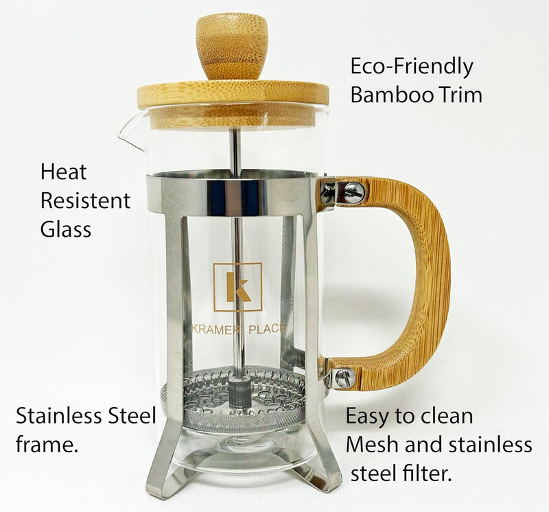 KRAMER PLACE Single Serve French Press Coffee/Tea Maker Carafe - 12 OZ, Bamboo Handle, Plastic Free Stainless Steel Filter, Eco-Friendly, Wooden TBSP Scoop/Bag Clip