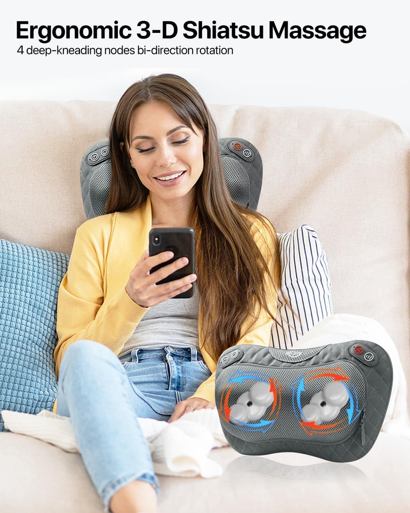 ALLJOY Cordless Shiatsu Neck and Back Massager with Soothing Heat, Rechargeable 3D Kneading Massage Pillow for Muscle Pain Relief, Use Unplugged, Detachable Cover