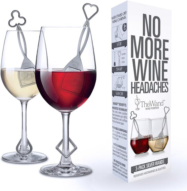 PureWine Wine Wands Purifier, Filters Histamines and Sulfites - May Reduce and Alleviate Wine Allergies & Sensitivities - Includes Wine Glass Accessory for Gifting, Holiday (3 Pack)