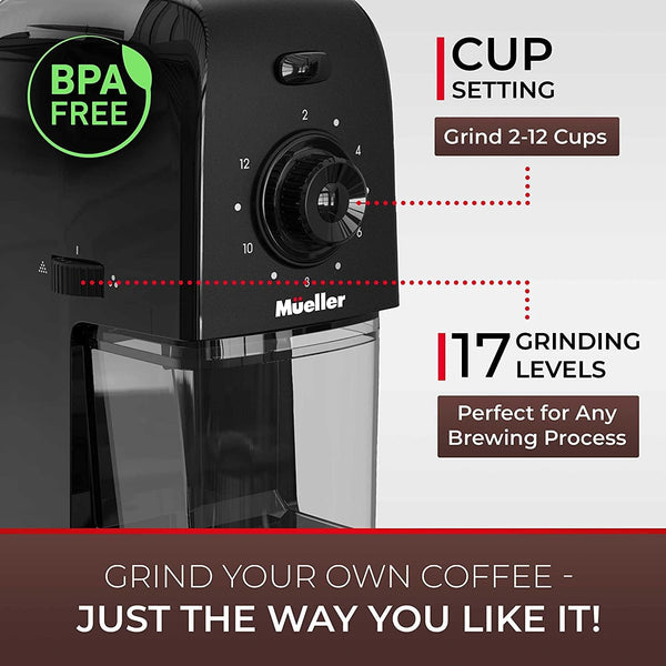 Mueller SuperGrind Burr Coffee Grinder Electric with Removable Burr Grinder Part - 12 Cups of Coffee, 17 Grind Settings with 5,8oz/164g Coffee Bean Hopper Capacity, Matte Black